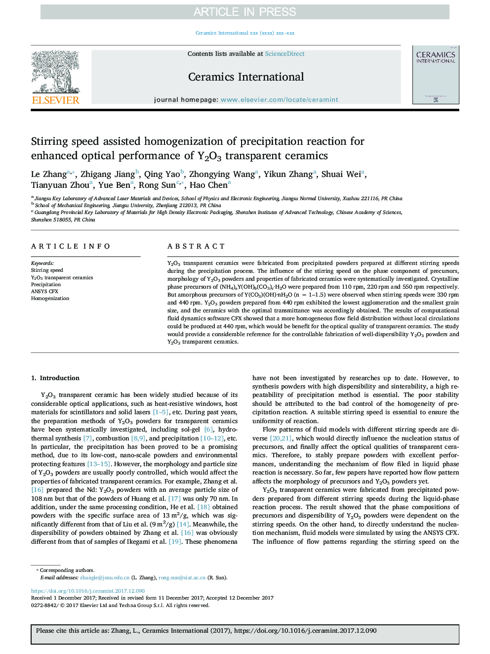 Stirring speed assisted homogenization of precipitation reaction for enhanced optical performance of Y2O3 transparent ceramics