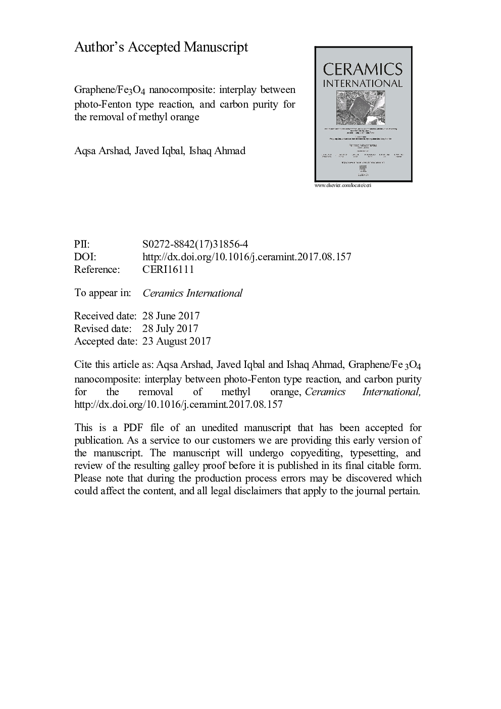 Graphene/Fe3O4 nanocomposite: Interplay between photo-Fenton type reaction, and carbon purity for the removal of methyl orange