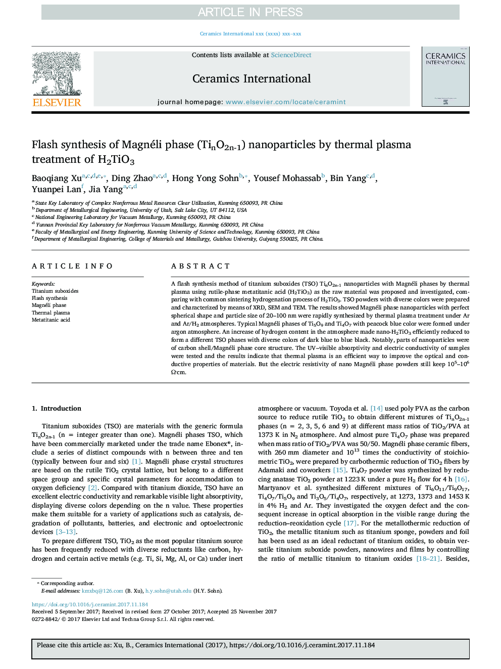 Flash synthesis of Magnéli phase (TinO2n-1) nanoparticles by thermal plasma treatment of H2TiO3