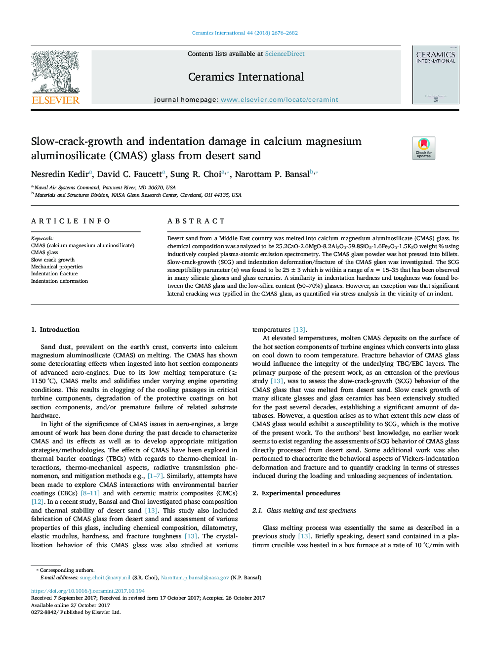 عکس صفحه اول مقاله: Slow-crack-growth and indentation damage in calcium magnesium aluminosilicate (CMAS) glass from desert sand Slow-crack-growth and indentation damage in calcium magnesium aluminosilicate (CMAS) glass from desert sand