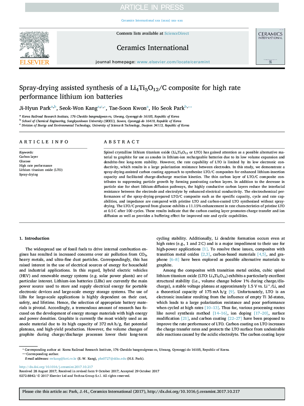 Spray-drying assisted synthesis of a Li4Ti5O12/C composite for high rate performance lithium ion batteries