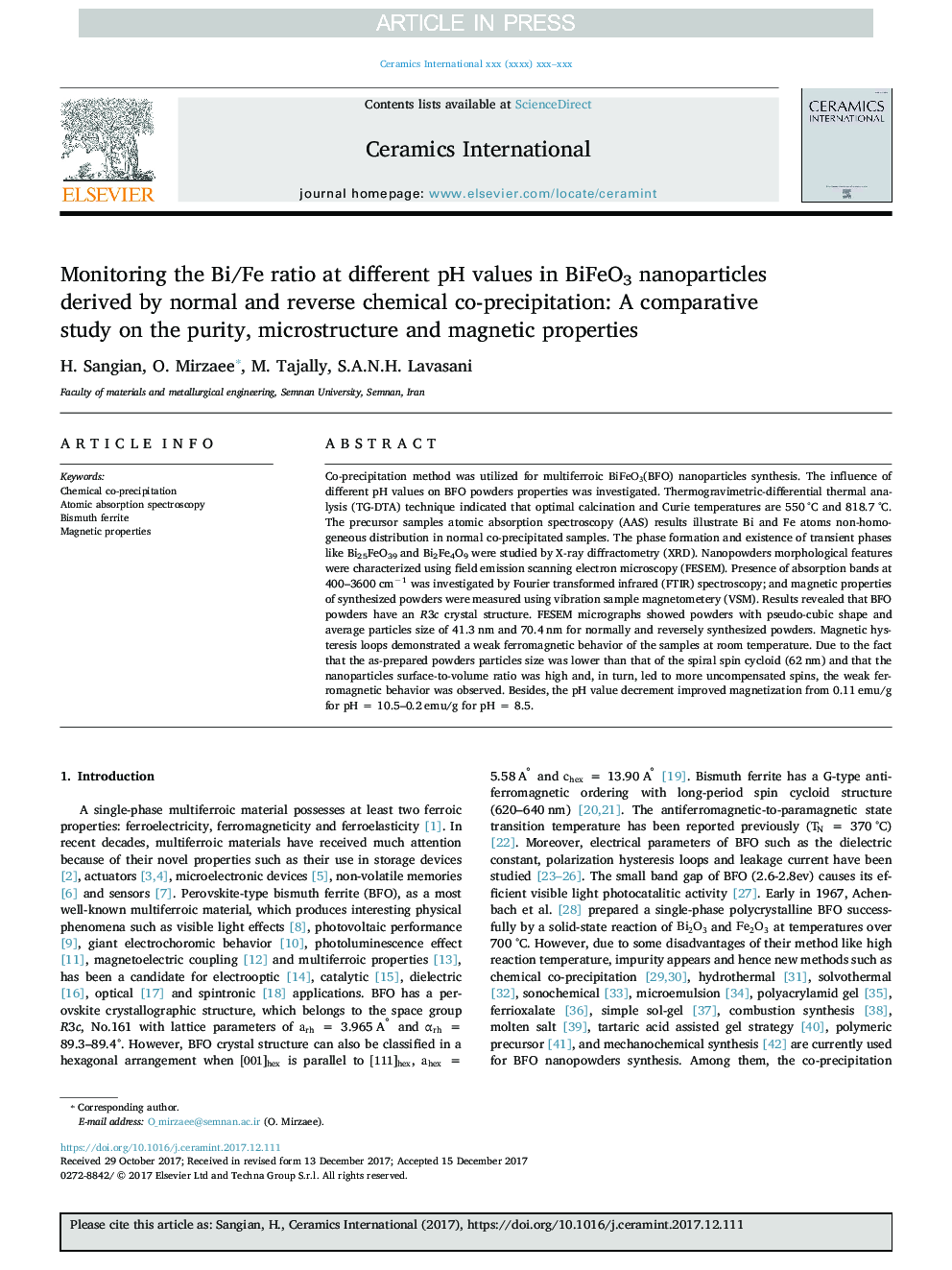 Monitoring the Bi/Fe ratio at different pH values in BiFeO3 nanoparticles derived by normal and reverse chemical co-precipitation: A comparative study on the purity, microstructure and magnetic properties