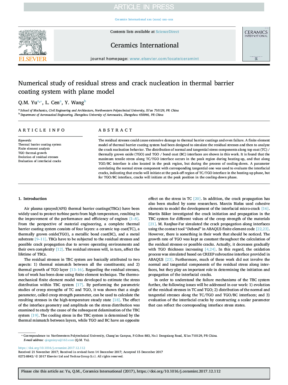 Numerical study of residual stress and crack nucleation in thermal barrier  coating system with plane model