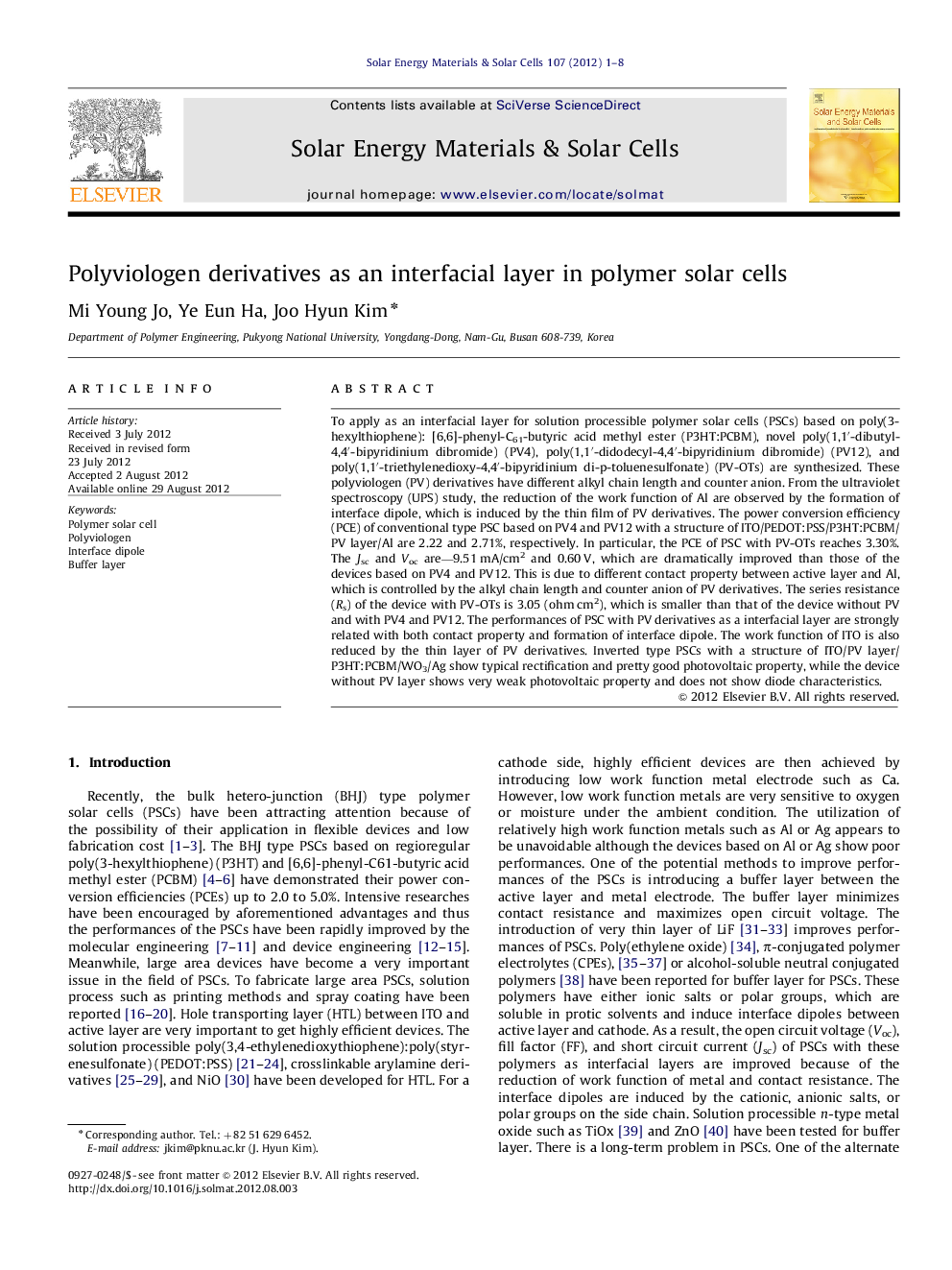 Polyviologen derivatives as an interfacial layer in polymer solar cells