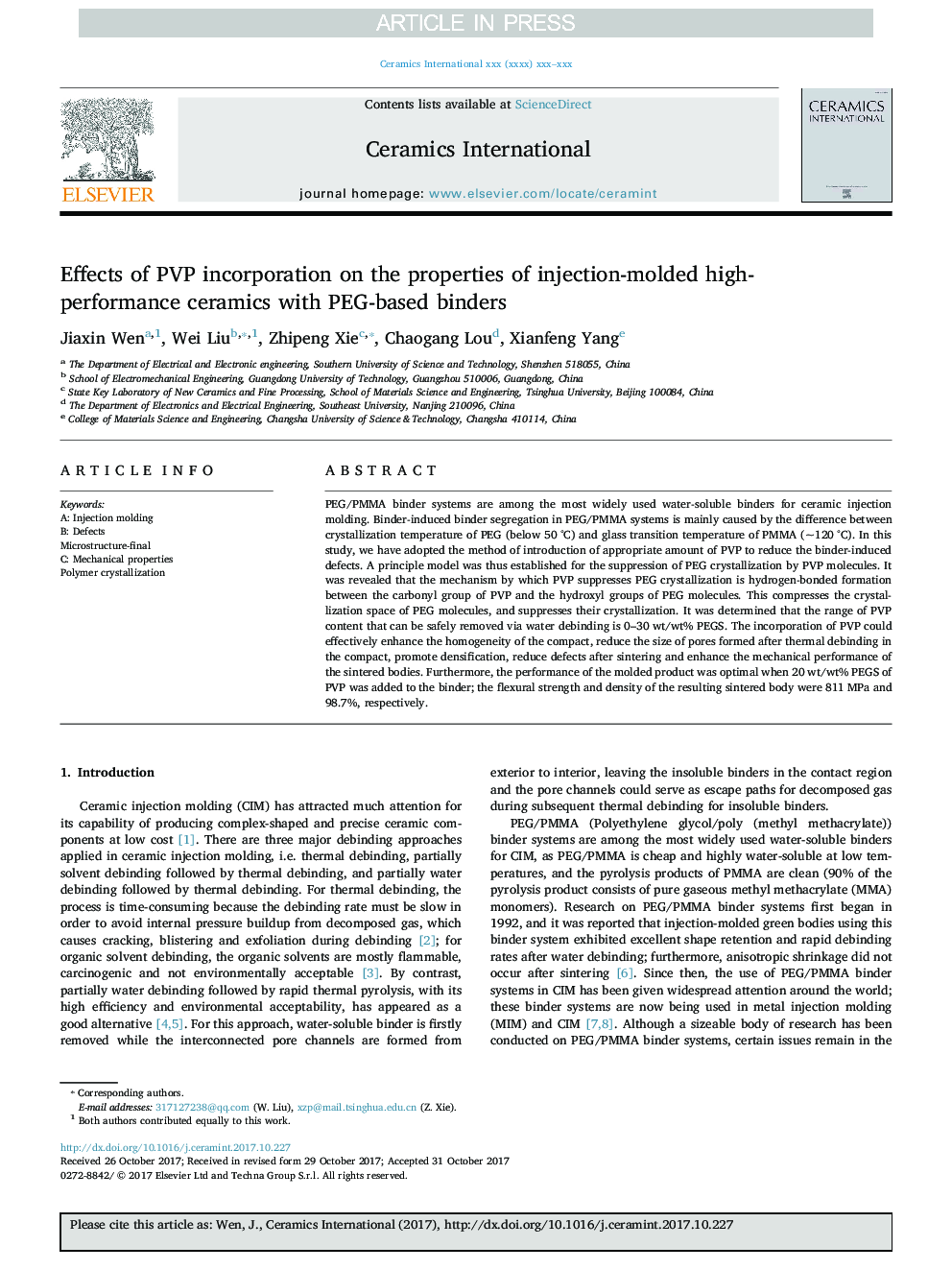 Effects of PVP incorporation on the properties of injection-molded high-performance ceramics with PEG-based binders