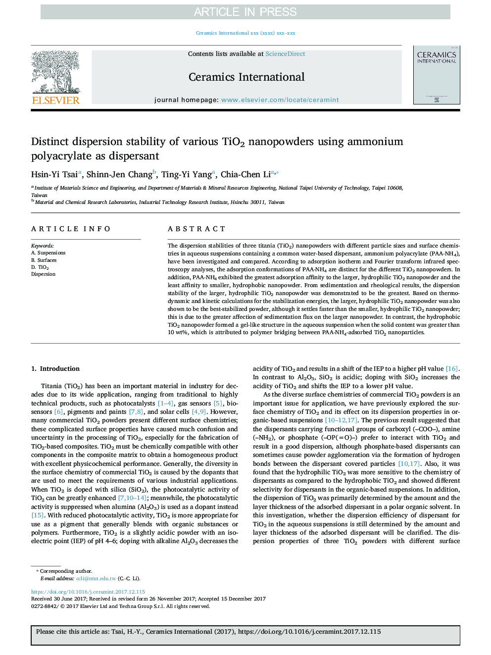 Distinct dispersion stability of various TiO2 nanopowders using ammonium polyacrylate as dispersant