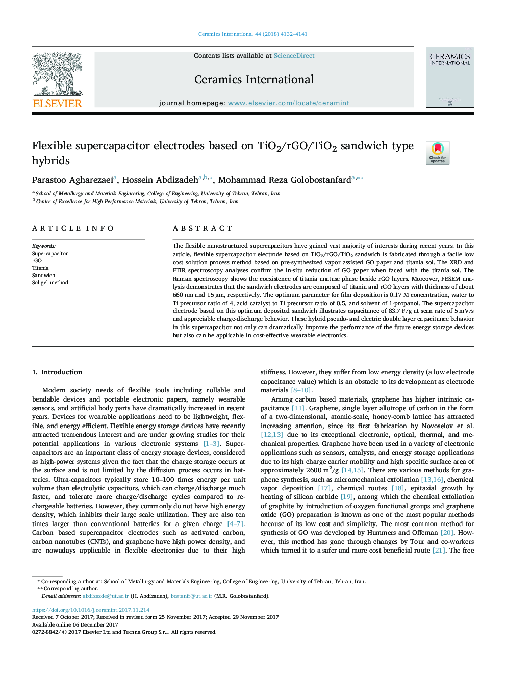 Flexible supercapacitor electrodes based on TiO2/rGO/TiO2 sandwich type hybrids