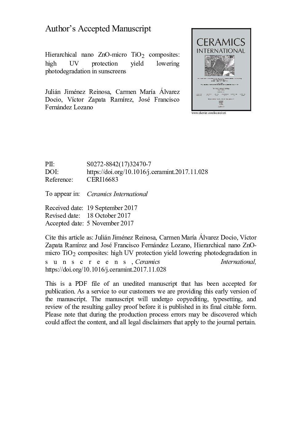 عکس صفحه اول مقاله: Hierarchical nano ZnO-micro TiO2 composites: High UV protection yield lowering photodegradation in sunscreens Hierarchical nano ZnO-micro TiO2 composites: High UV protection yield lowering photodegradation in sunscreens