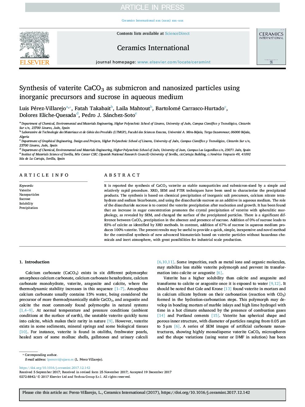 Synthesis of vaterite CaCO3 as submicron and nanosized particles using inorganic precursors and sucrose in aqueous medium