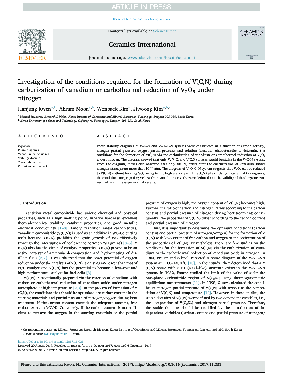 Investigation of the conditions required for the formation of V(C,N) during carburization of vanadium or carbothermal reduction of V2O5 under nitrogen