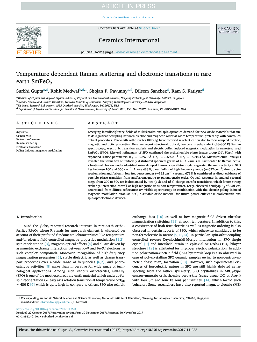 Temperature dependent Raman scattering and electronic transitions in rare earth SmFeO3