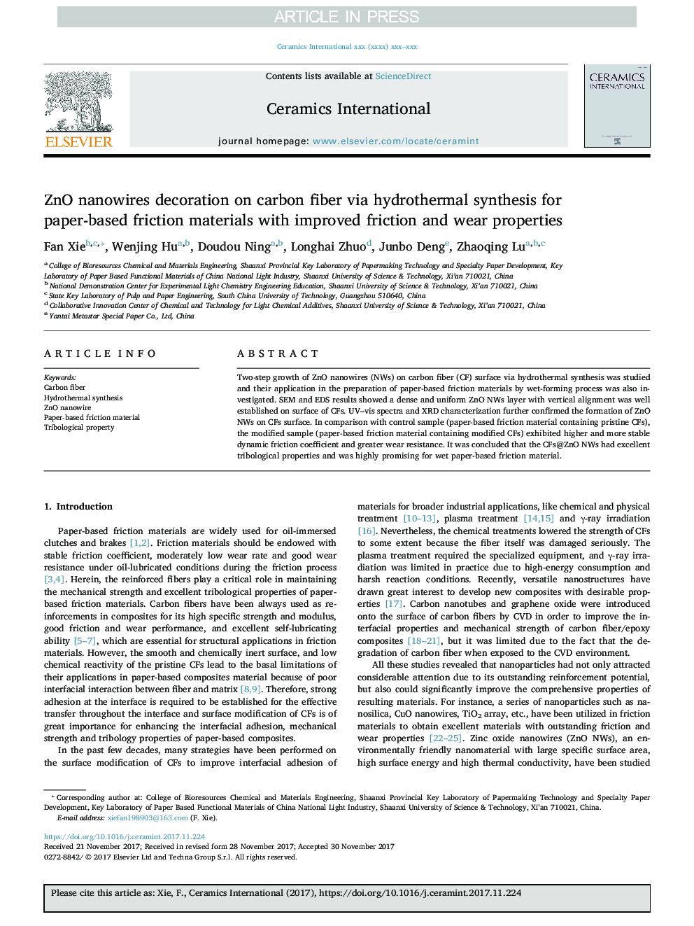 ZnO nanowires decoration on carbon fiber via hydrothermal synthesis for paper-based friction materials with improved friction and wear properties