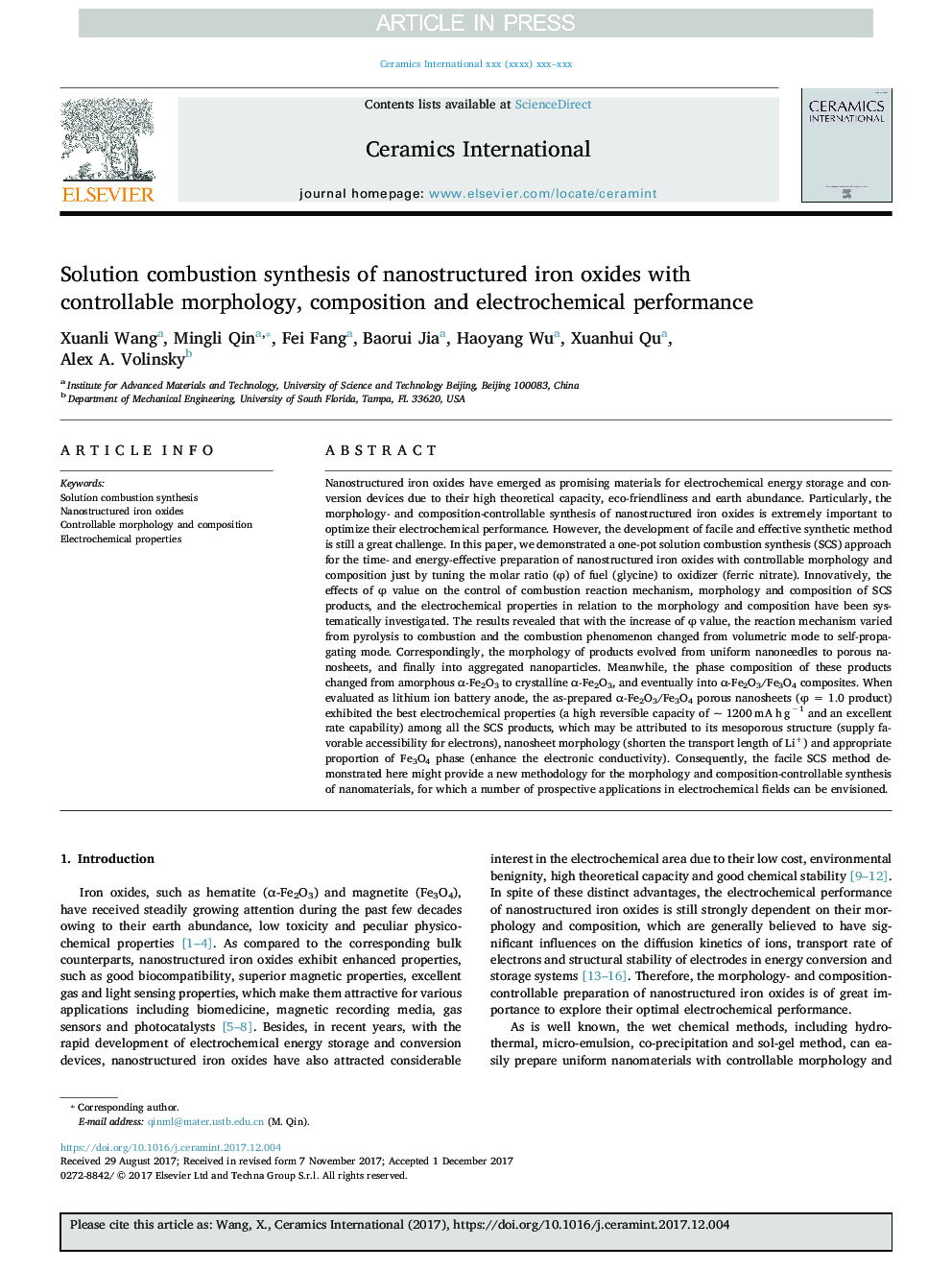 Solution combustion synthesis of nanostructured iron oxides with controllable morphology, composition and electrochemical performance