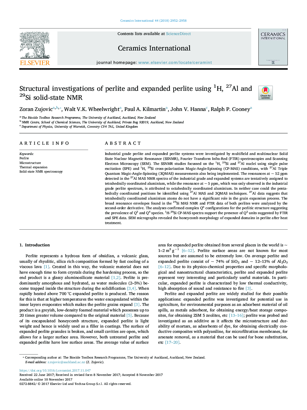 Structural investigations of perlite and expanded perlite using 1H, 27Al and 29Si solid-state NMR