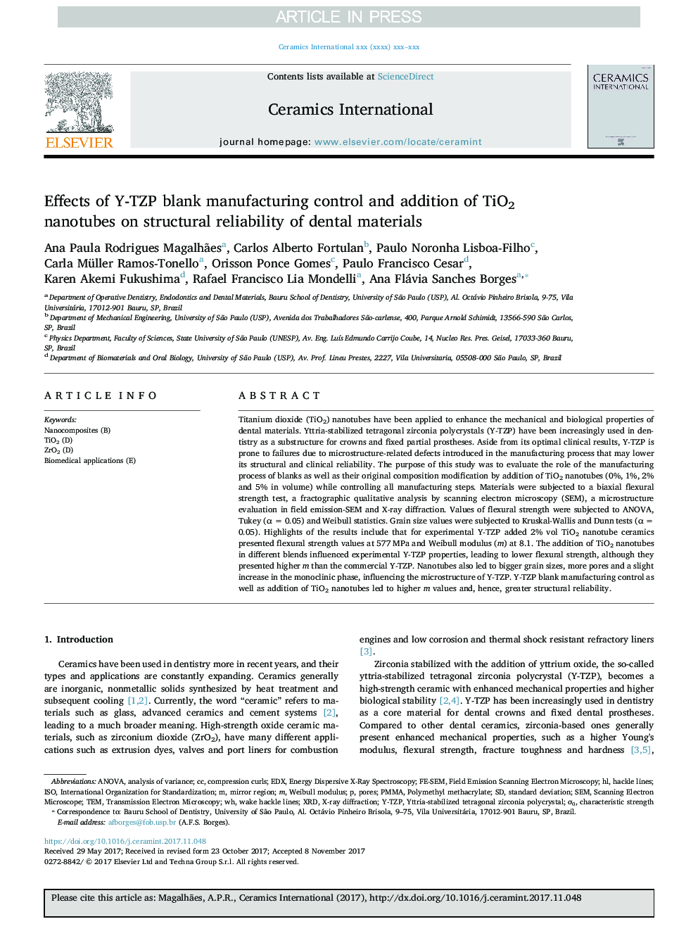 Effects of Y-TZP blank manufacturing control and addition of TiO2 nanotubes on structural reliability of dental materials