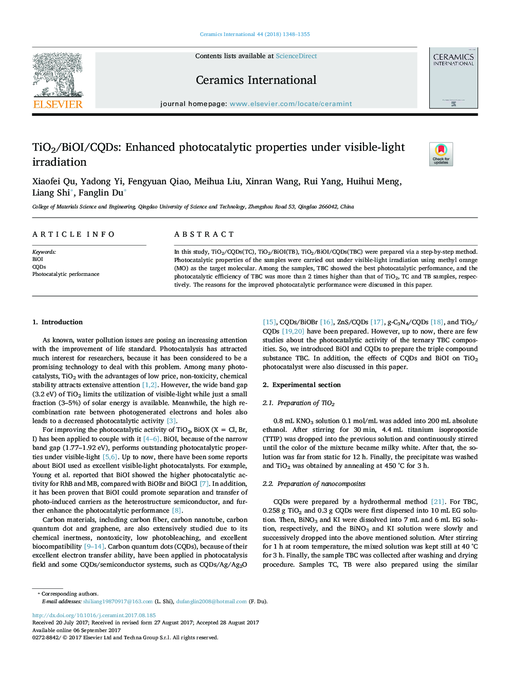 TiO2/BiOI/CQDs: Enhanced photocatalytic properties under visible-light irradiation