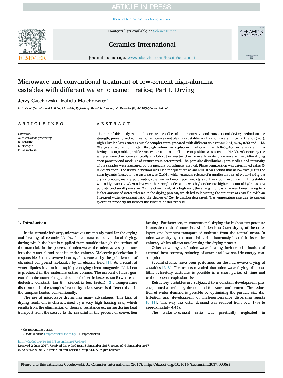 Microwave and conventional treatment of low-cement high-alumina castables with different water to cement ratios; Part I. Drying