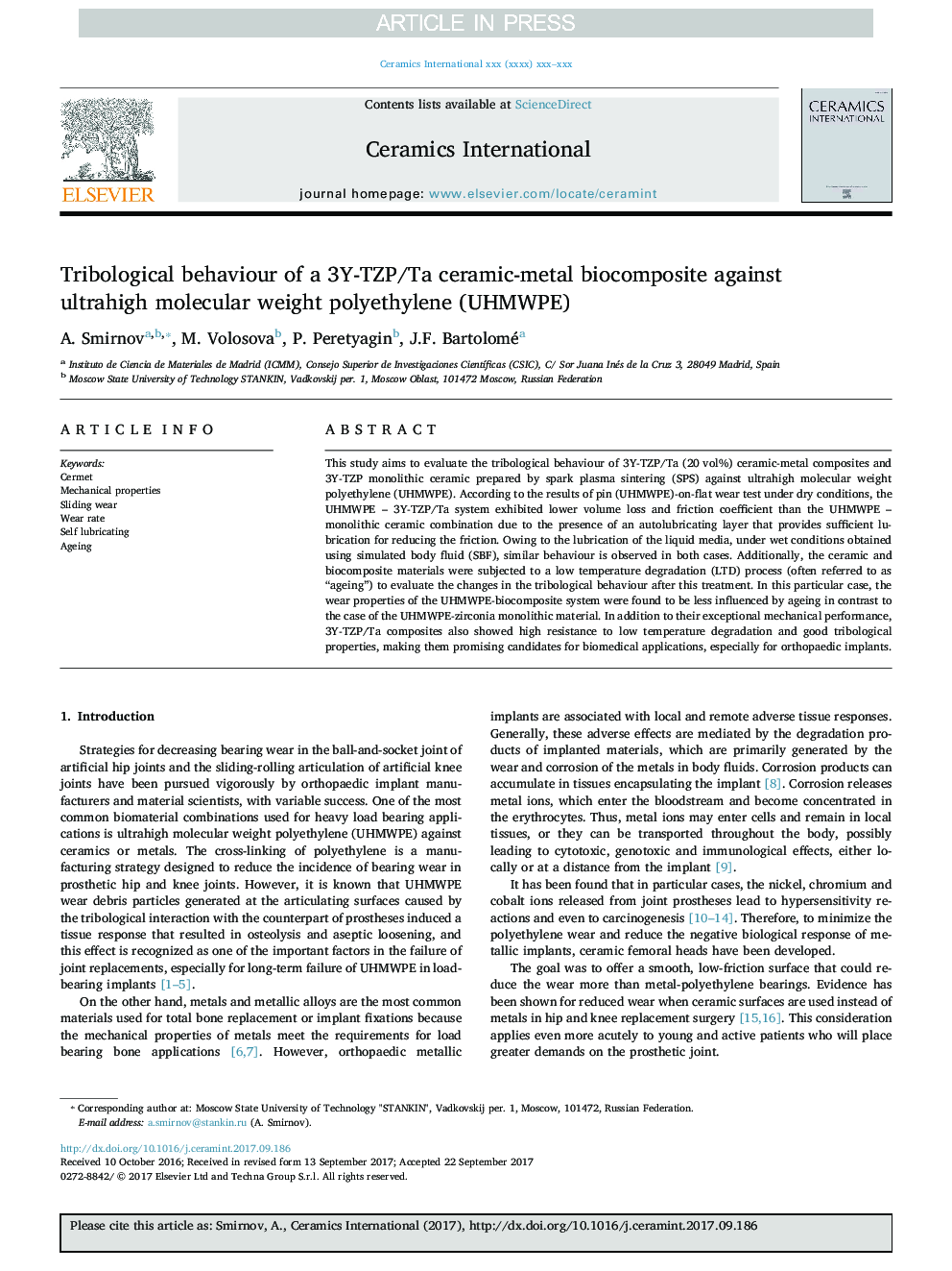 Tribological behaviour of a 3Y-TZP/Ta ceramic-metal biocomposite against ultrahigh molecular weight polyethylene (UHMWPE)