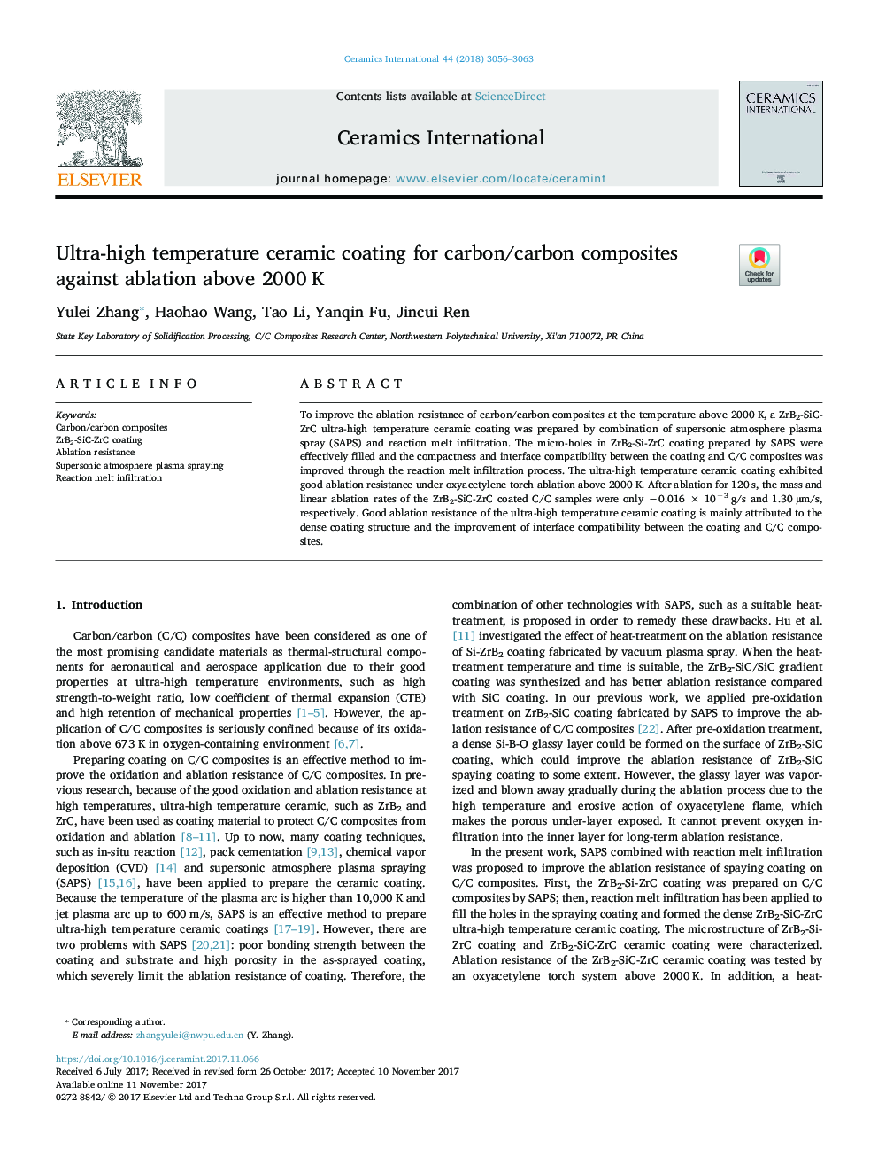 Ultra-high temperature ceramic coating for carbon/carbon composites against ablation above 2000Â K