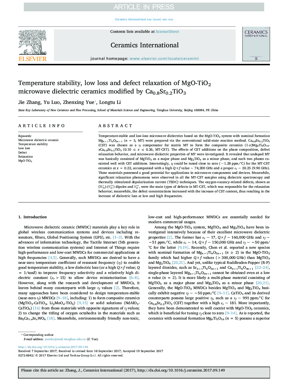 Temperature stability, low loss and defect relaxation of MgO-TiO2 microwave dielectric ceramics modified by Ca0.8Sr0.2TiO3