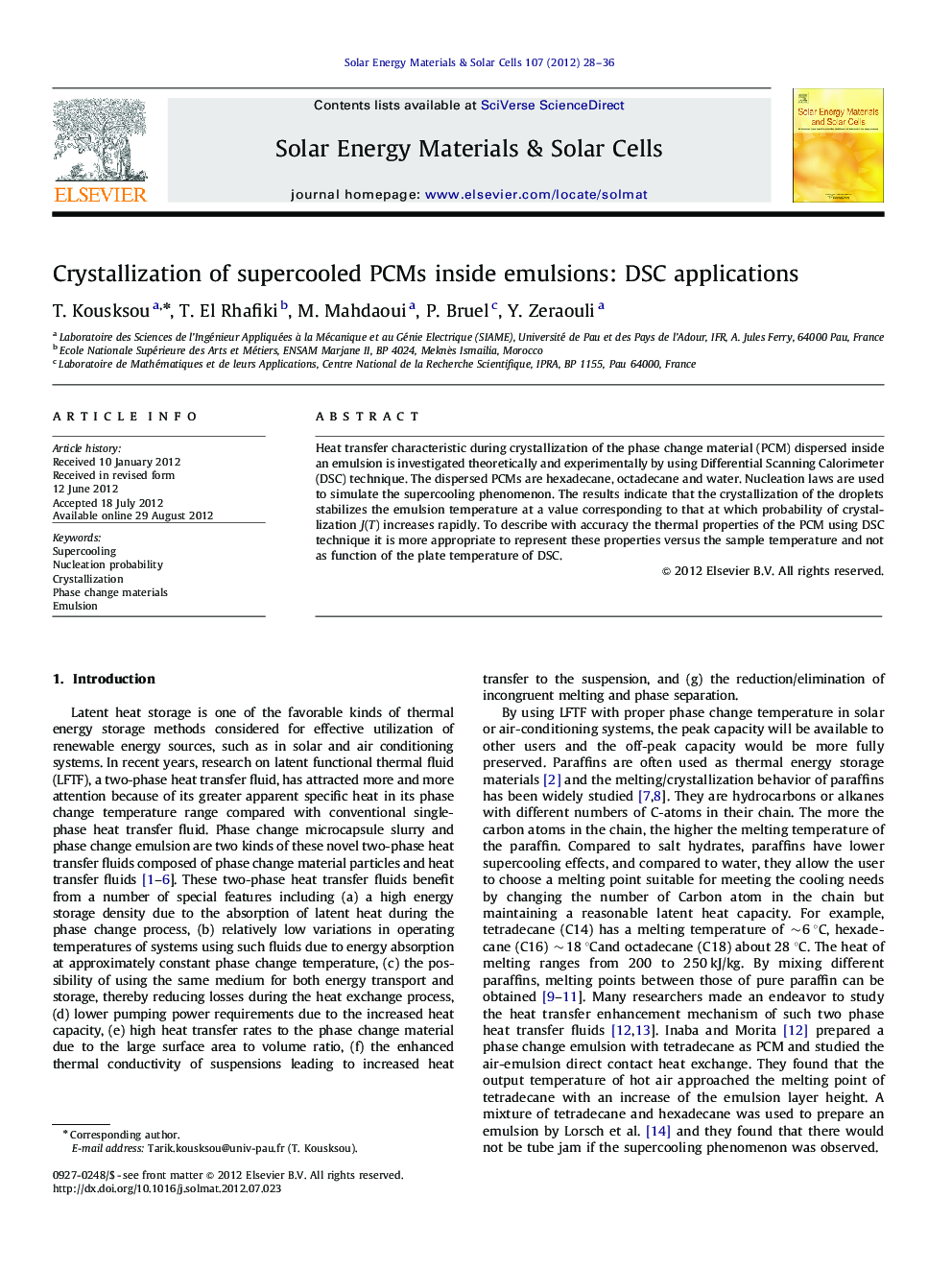 Crystallization of supercooled PCMs inside emulsions: DSC applications