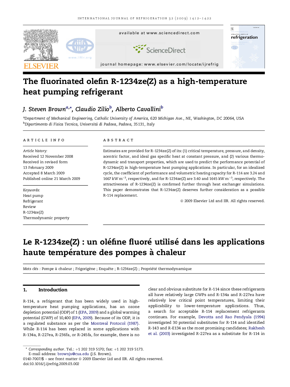 The fluorinated olefin R-1234ze(Z) as a high-temperature heat pumping refrigerant