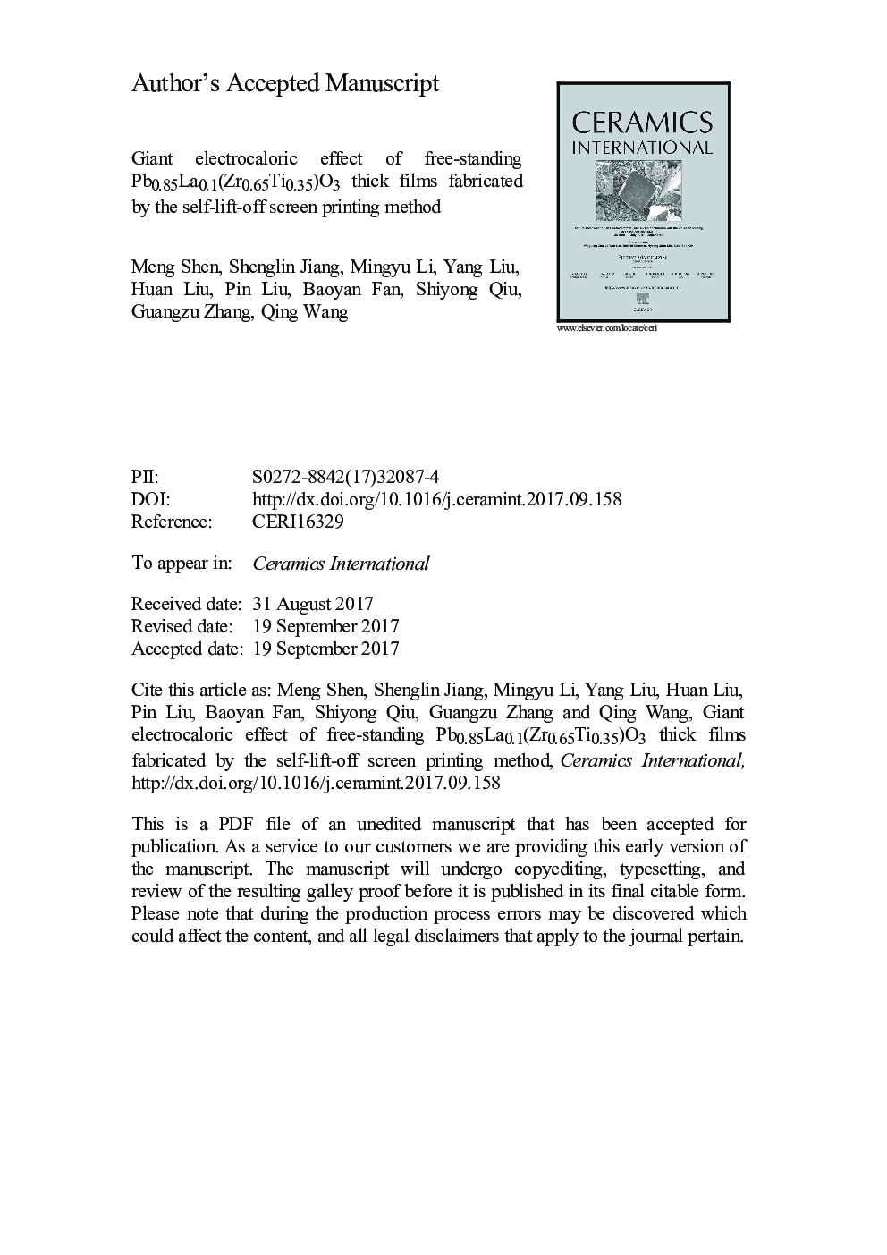 Giant electrocaloric effect of free-standing Pb0.85La0.1(Zr0.65Ti0.35)O3 thick films fabricated by the self-lift-off screen printing method