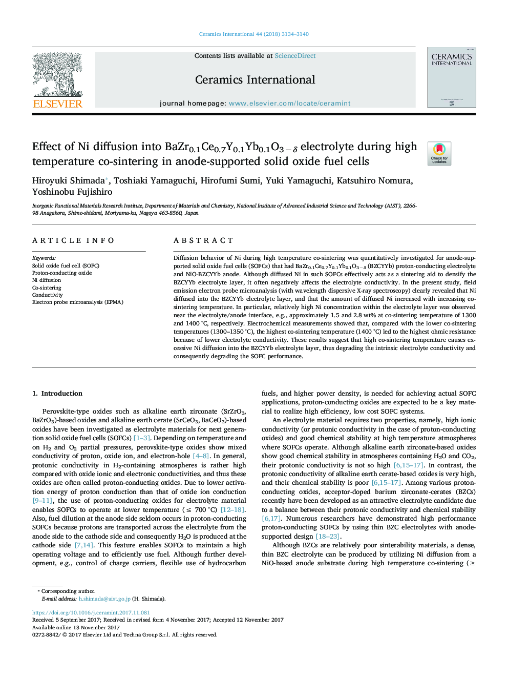 Effect of Ni diffusion into BaZr0.1Ce0.7Y0.1Yb0.1O3âÎ´ electrolyte during high temperature co-sintering in anode-supported solid oxide fuel cells