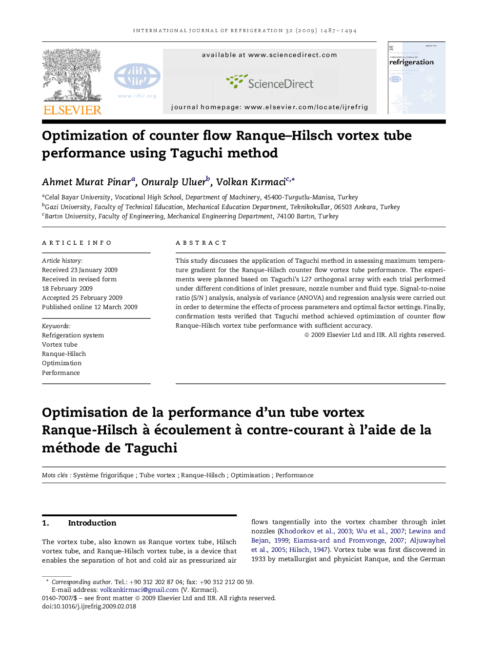 Optimization of counter flow Ranque–Hilsch vortex tube performance using Taguchi method