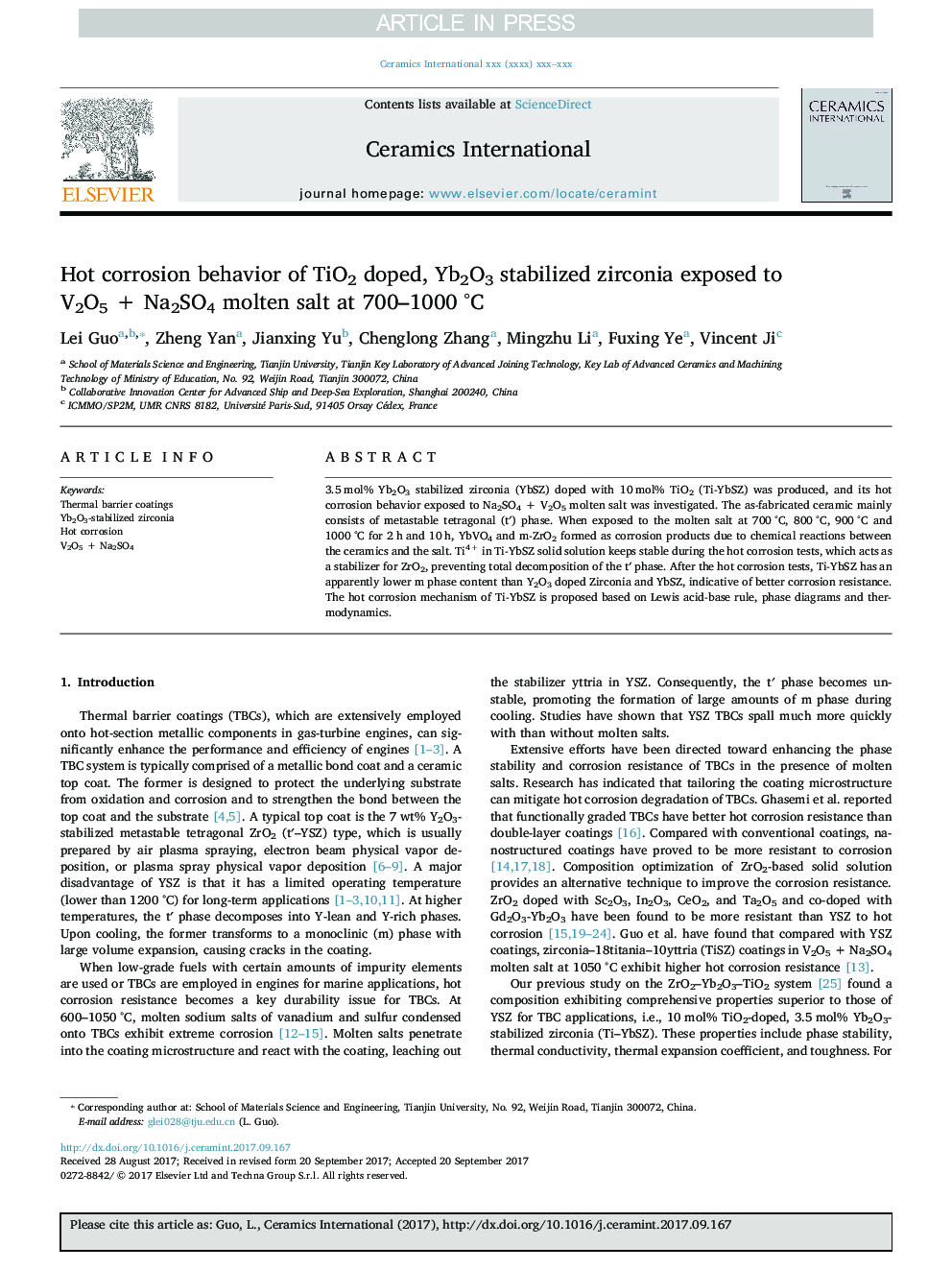 Hot corrosion behavior of TiO2 doped, Yb2O3 stabilized zirconia exposed to V2O5 + Na2SO4 molten salt at 700-1000Â Â°C