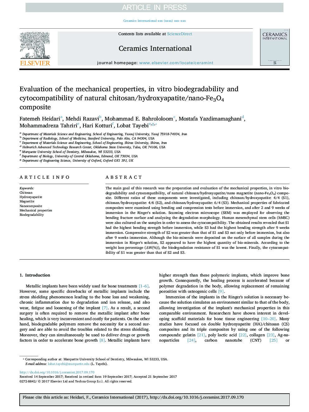 Evaluation of the mechanical properties, in vitro biodegradability and cytocompatibility of natural chitosan/hydroxyapatite/nano-Fe3O4 composite