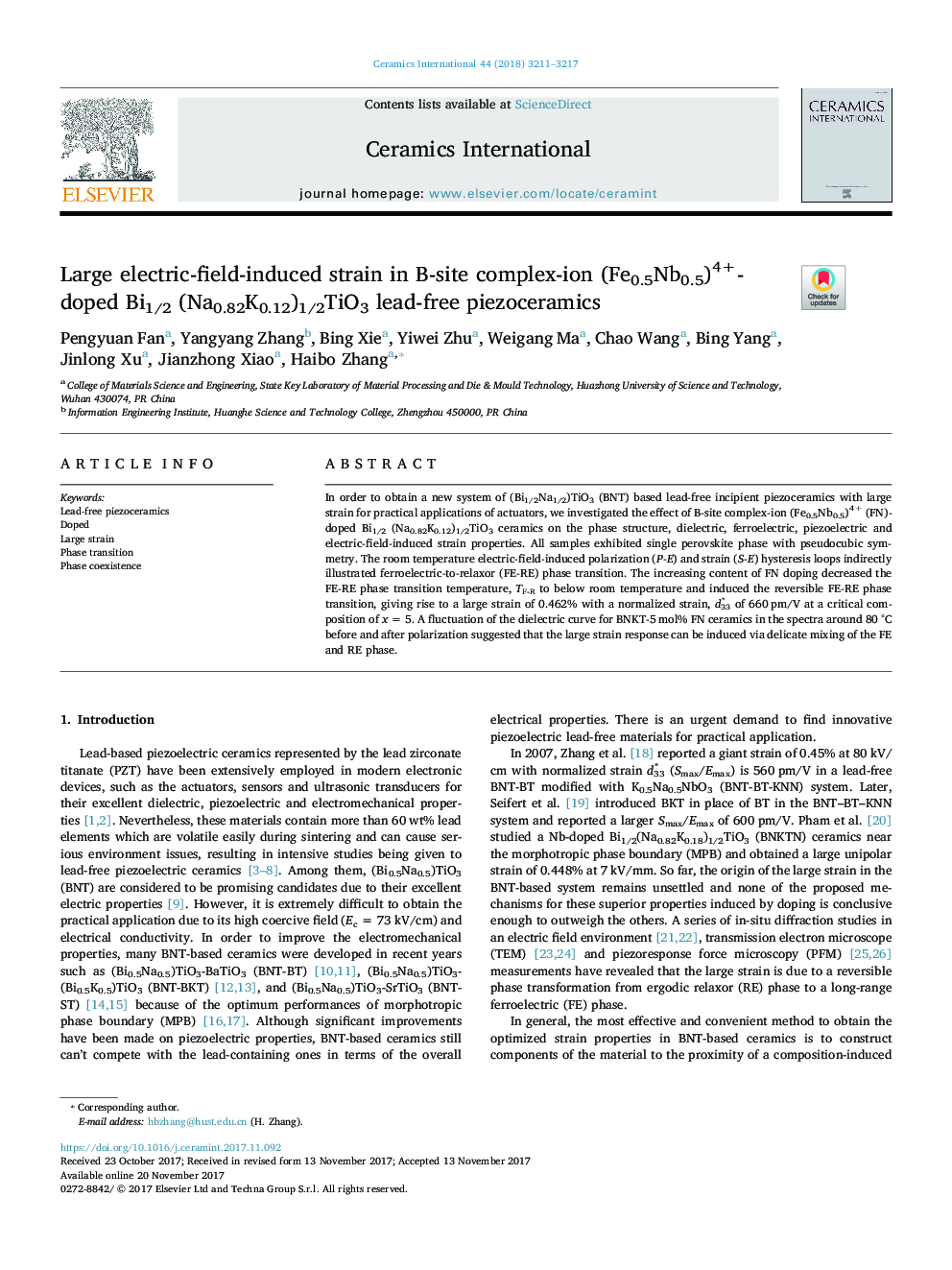 Large electric-field-induced strain in B-site complex-ion (Fe0.5Nb0.5)4+-doped Bi1/2 (Na0.82K0.12)1/2TiO3 lead-free piezoceramics