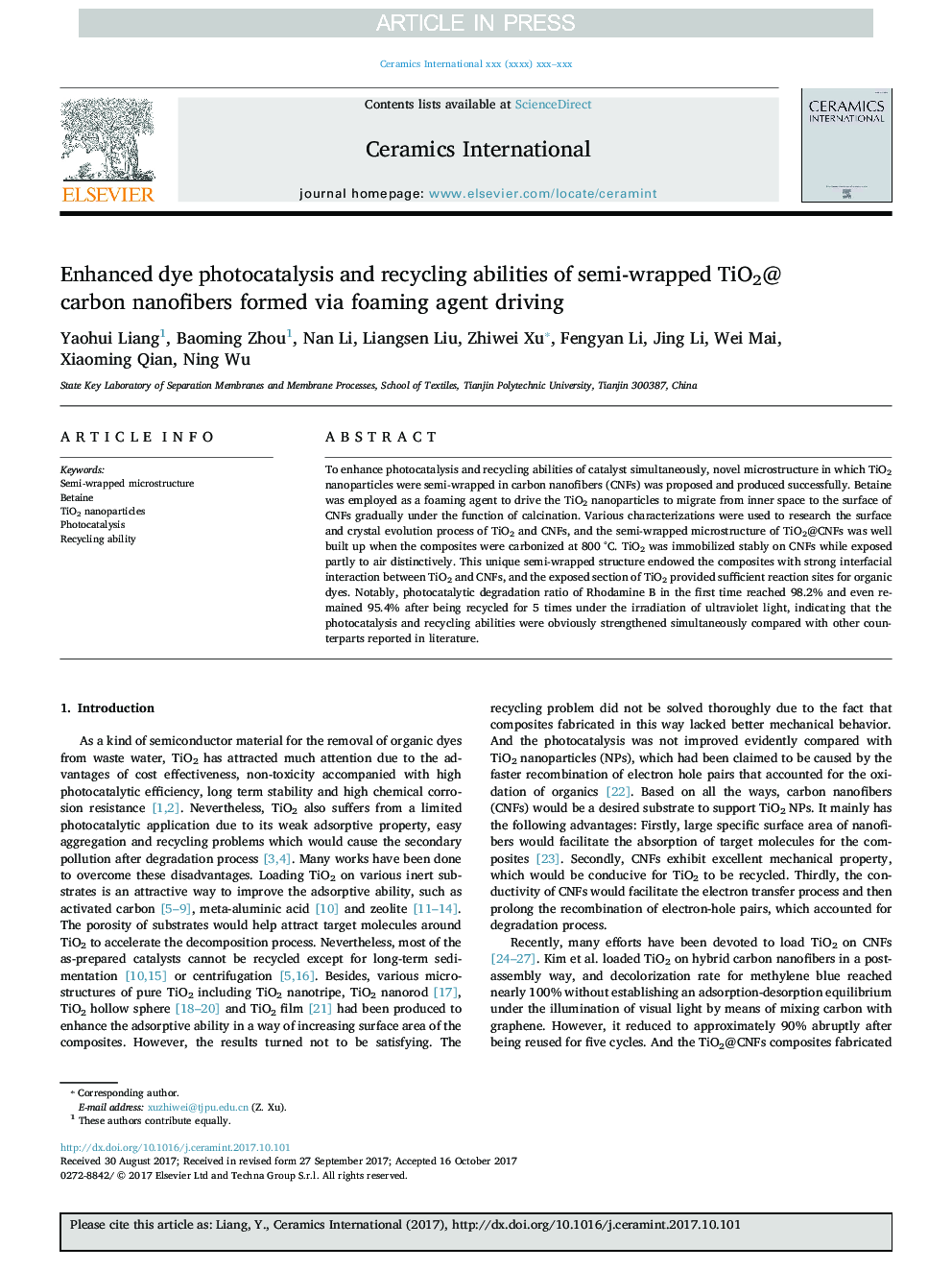 Enhanced dye photocatalysis and recycling abilities of semi-wrapped TiO2@carbon nanofibers formed via foaming agent driving