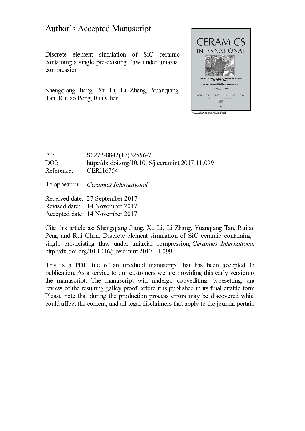 Discrete element simulation of SiC ceramic containing a single pre-existing flaw under uniaxial compression