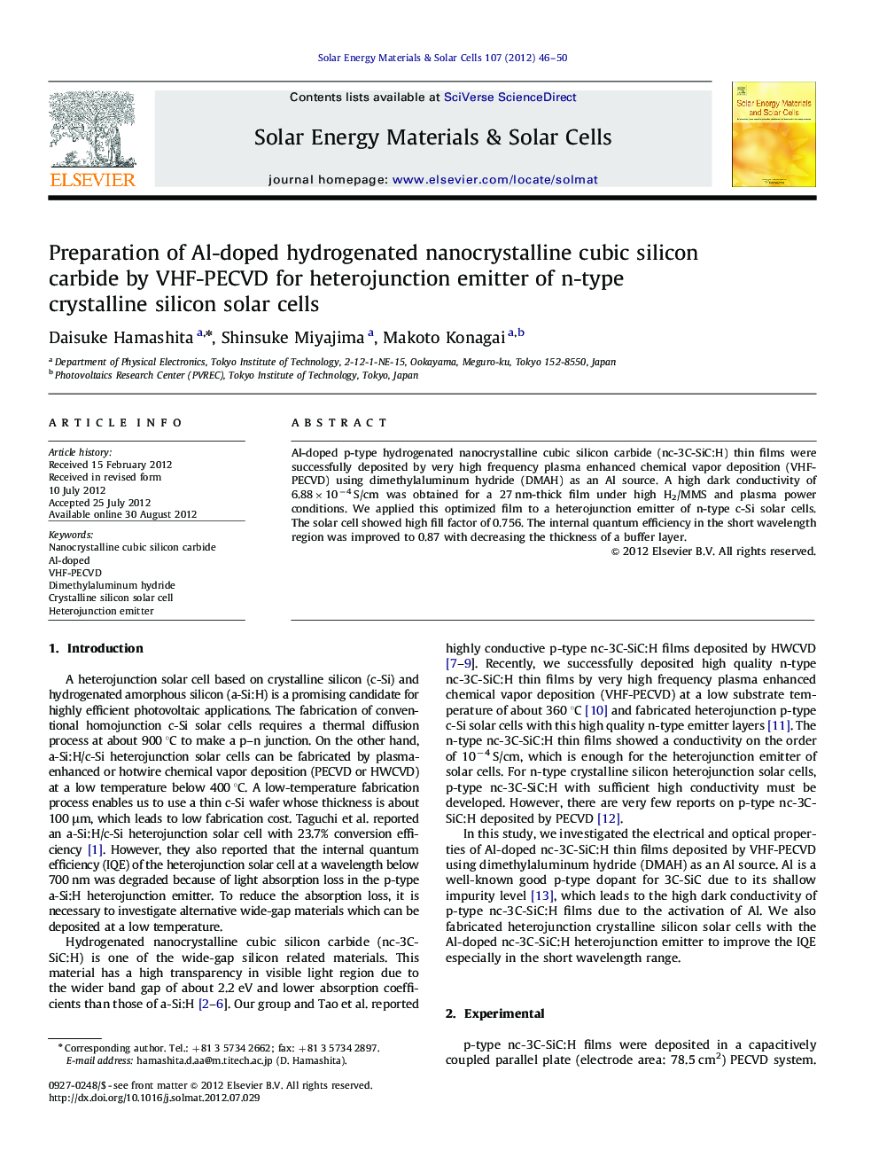 Preparation of Al-doped hydrogenated nanocrystalline cubic silicon carbide by VHF-PECVD for heterojunction emitter of n-type crystalline silicon solar cells