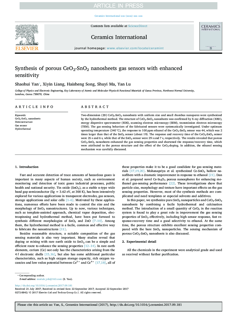 عکس صفحه اول مقاله: Synthesis of porous CeO2-SnO2 nanosheets gas sensors with enhanced sensitivity Synthesis of porous CeO2-SnO2 nanosheets gas sensors with enhanced sensitivity