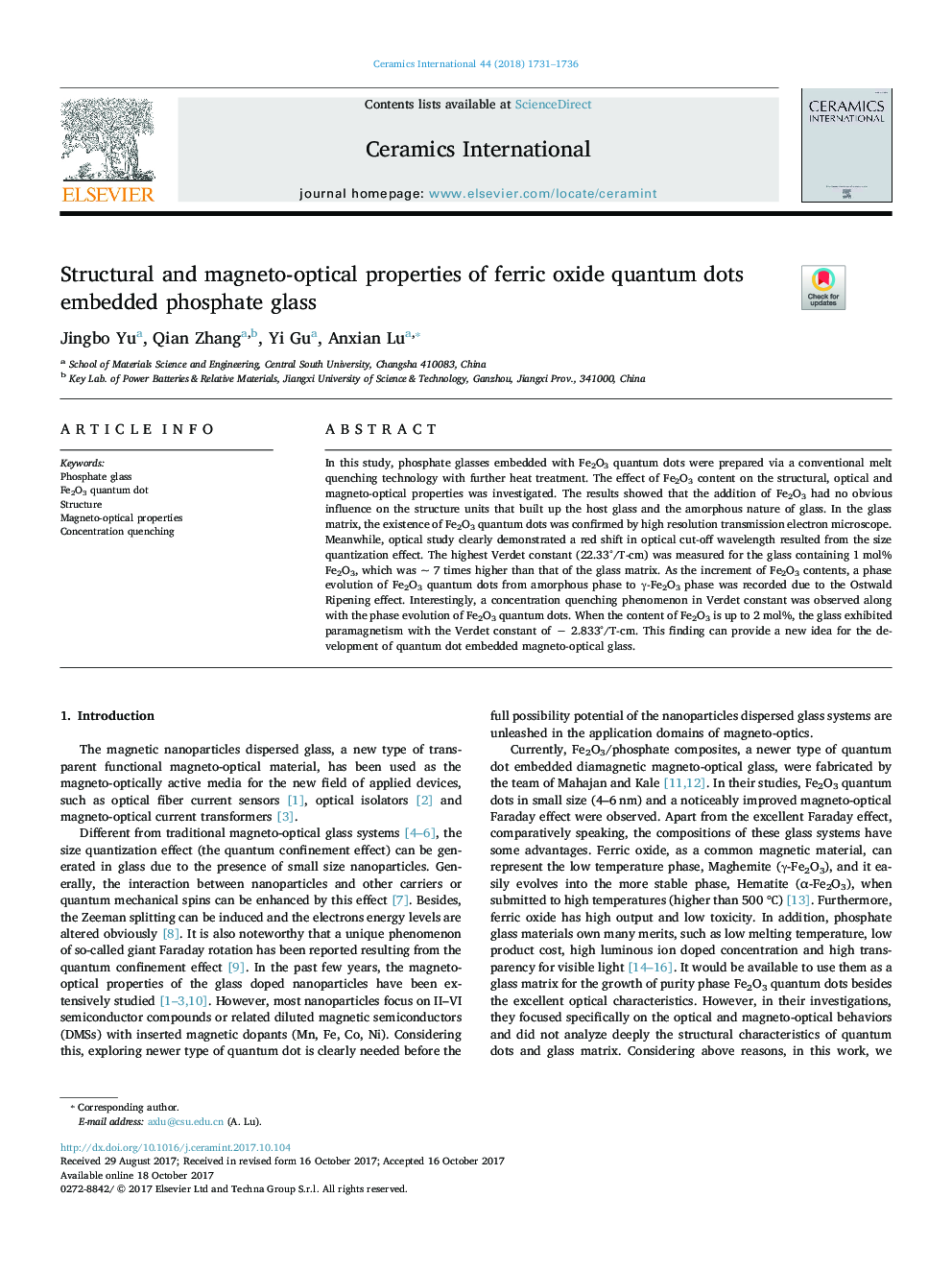 Structural and magneto-optical properties of ferric oxide quantum dots embedded phosphate glass