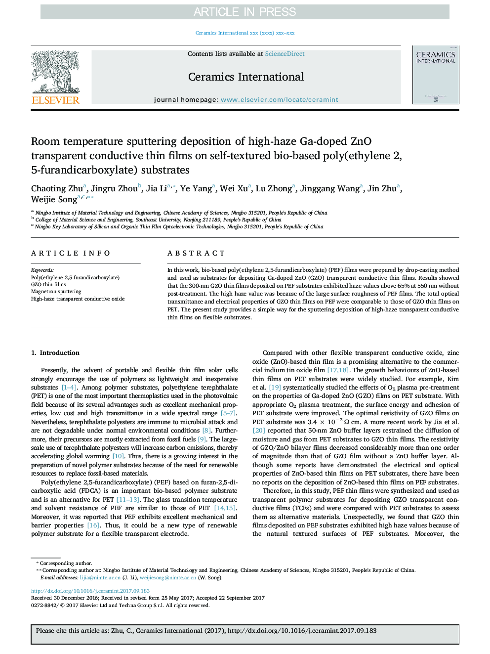 Room temperature sputtering deposition of high-haze Ga-doped ZnO transparent conductive thin films on self-textured bio-based poly(ethylene 2, 5-furandicarboxylate) substrates