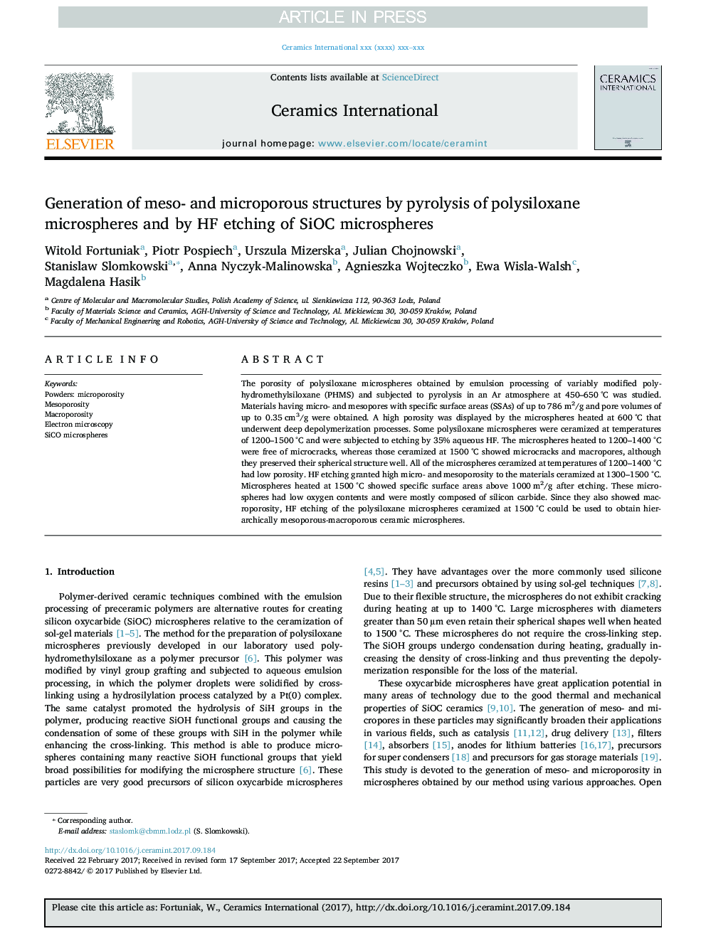 Generation of meso- and microporous structures by pyrolysis of polysiloxane microspheres and by HF etching of SiOC microspheres