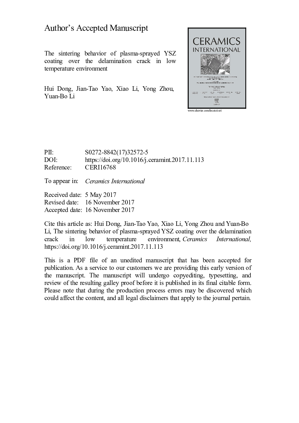 The sintering behavior of plasma-sprayed YSZ coating over the delamination crack in low temperature environment