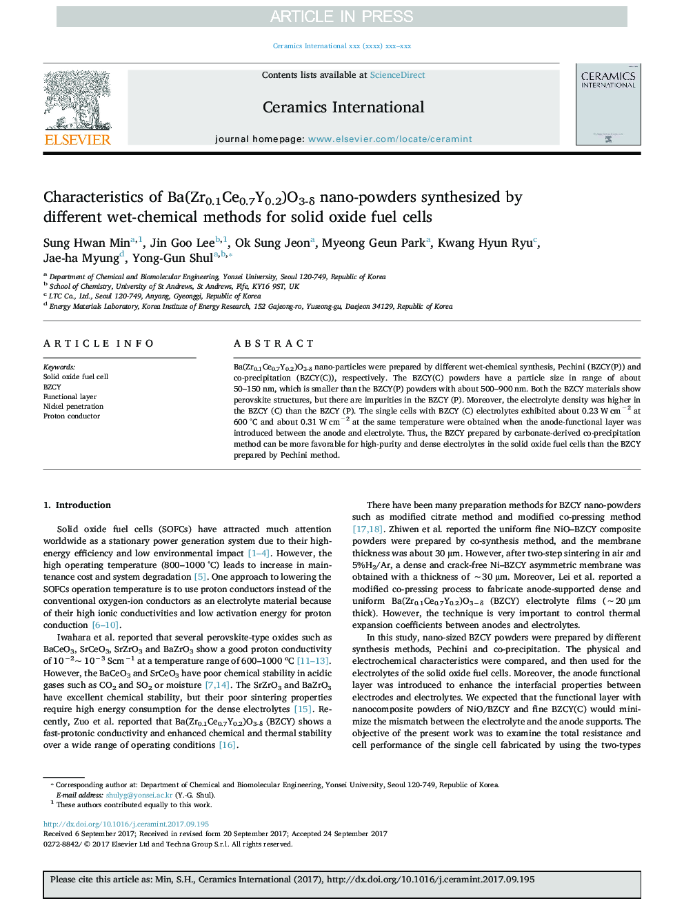 عکس صفحه اول مقاله: Characteristics of Ba(Zr0.1Ce0.7Y0.2)O3-δ nano-powders synthesized by different wet-chemical methods for solid oxide fuel cells Characteristics of Ba(Zr0.1Ce0.7Y0.2)O3-δ nano-powders synthesized by different wet-chemical methods for solid oxide fuel cells