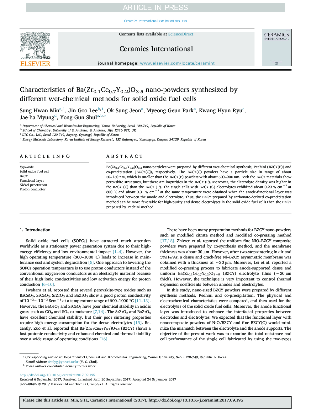 Characteristics of Ba(Zr0.1Ce0.7Y0.2)O3-Î´ nano-powders synthesized by different wet-chemical methods for solid oxide fuel cells