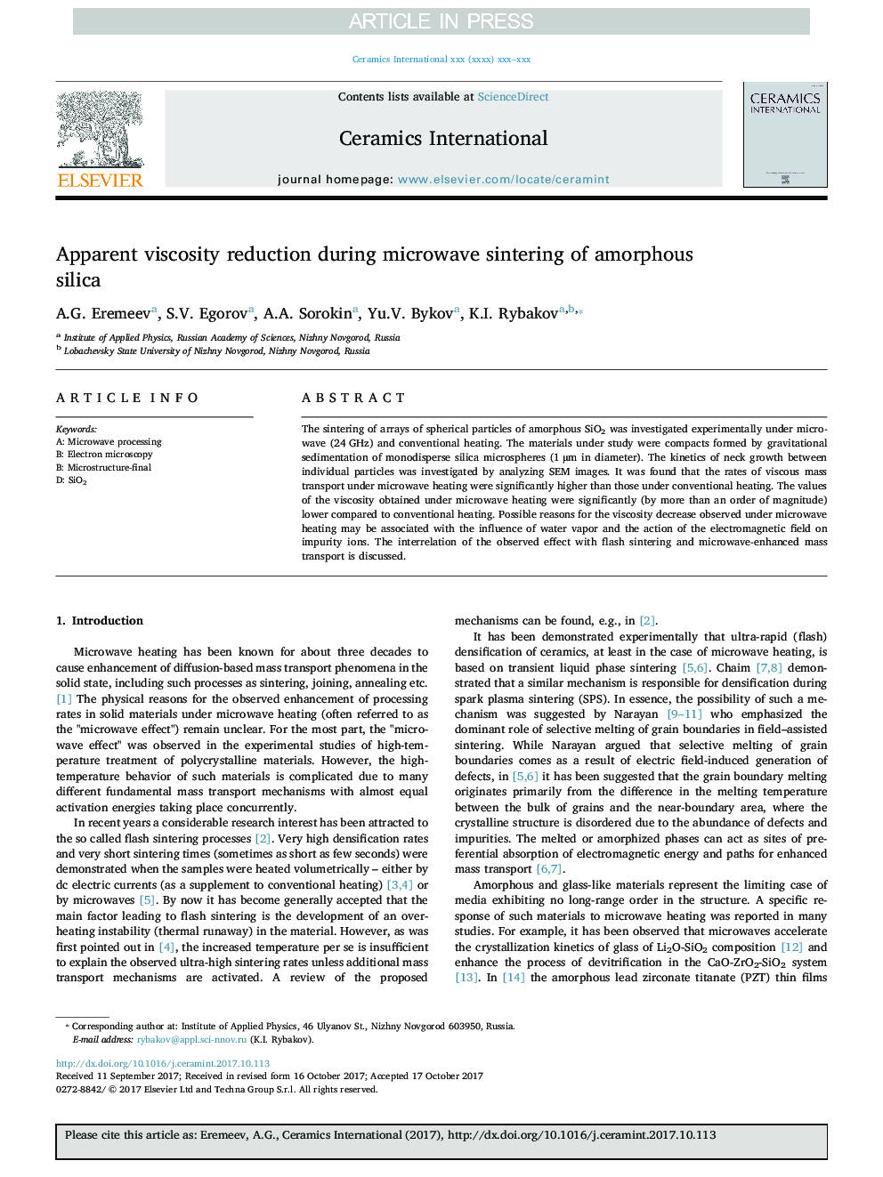 Apparent viscosity reduction during microwave sintering of amorphous silica