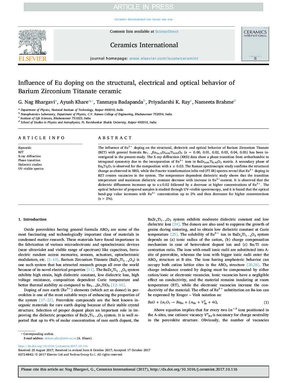 Influence of Eu doping on the structural, electrical and optical behavior of Barium Zirconium Titanate ceramic