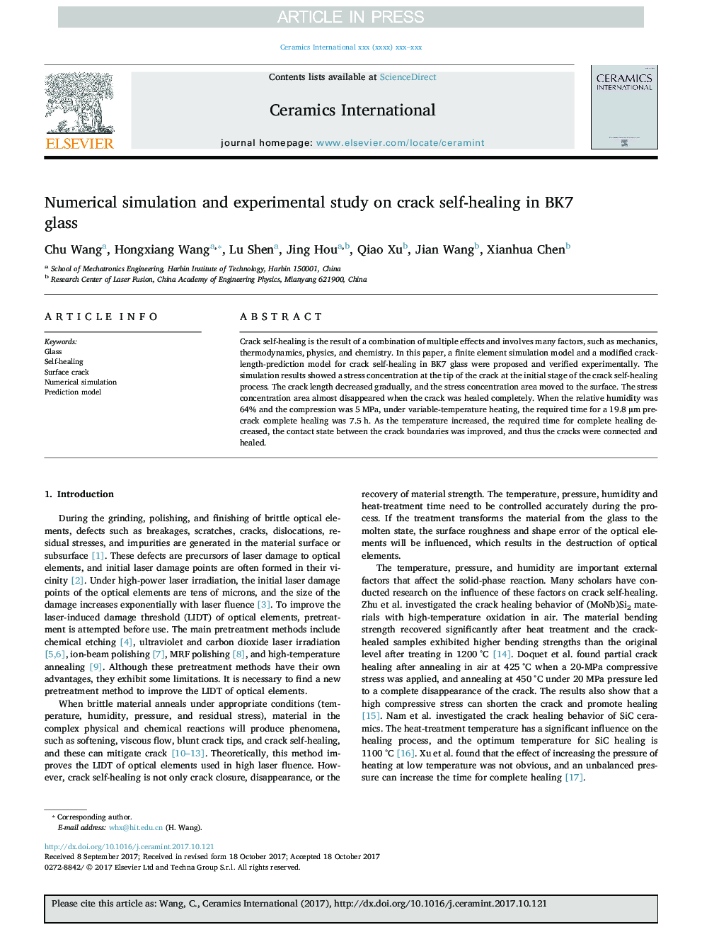 Numerical simulation and experimental study on crack self-healing in BK7 glass