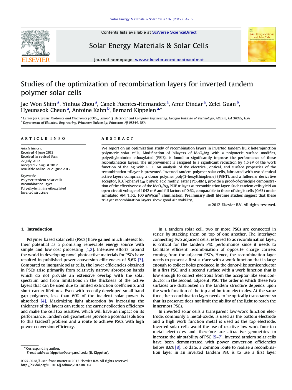 Studies of the optimization of recombination layers for inverted tandem polymer solar cells