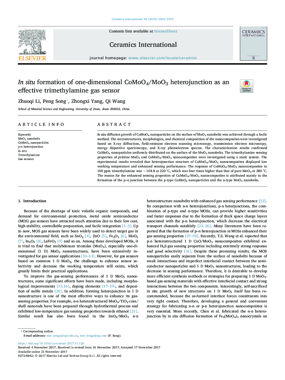 In situ formation of one-dimensional CoMoO4/MoO3 heterojunction as an effective trimethylamine gas sensor