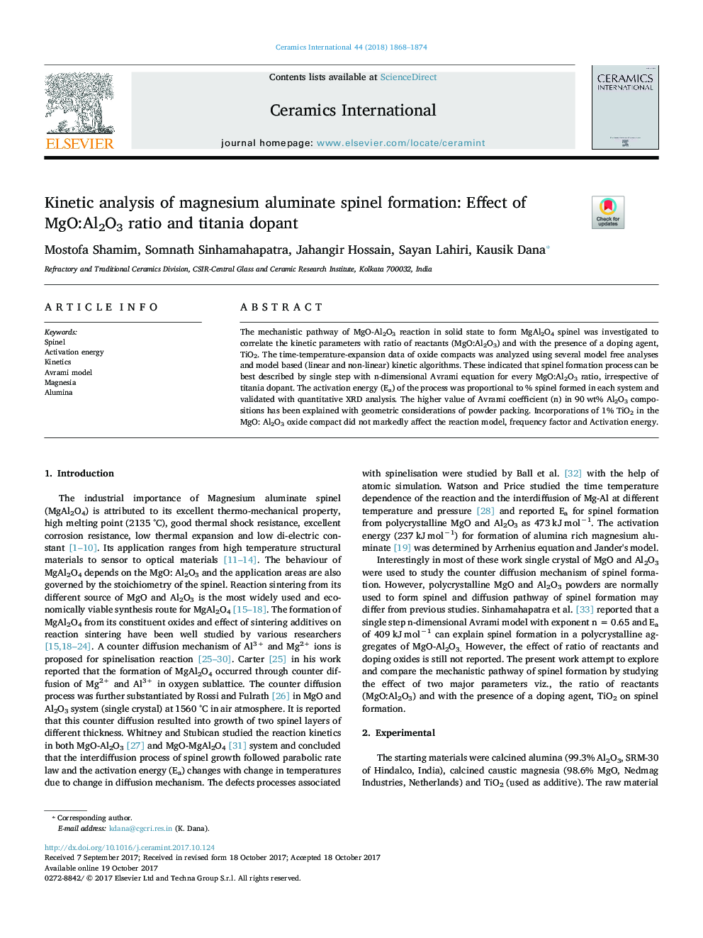 Kinetic analysis of magnesium aluminate spinel formation: Effect of MgO:Al2O3 ratio and titania dopant