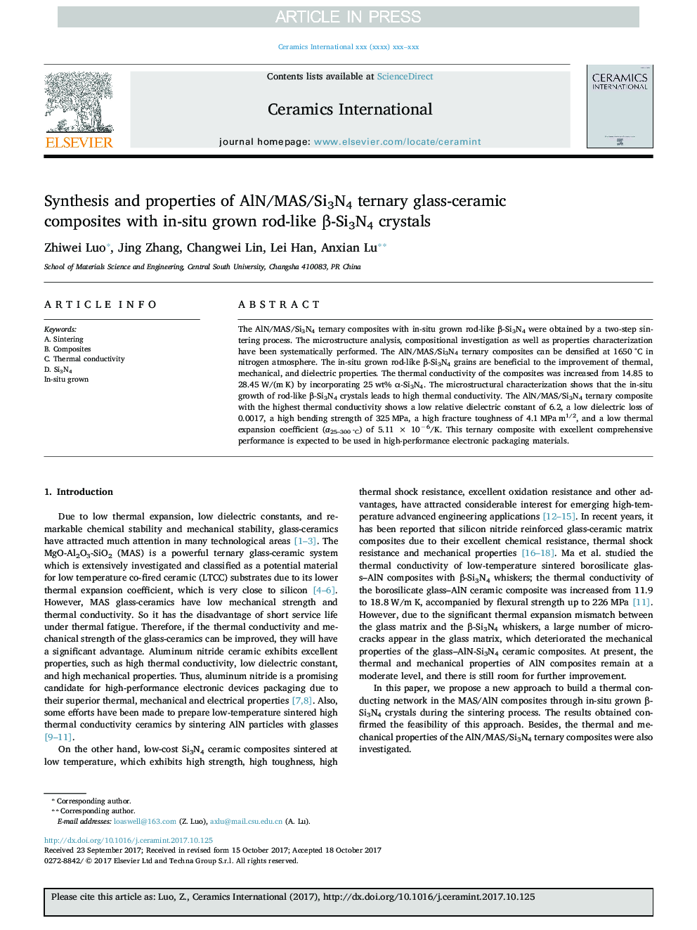 Synthesis and properties of AlN/MAS/Si3N4 ternary glass-ceramic composites with in-situ grown rod-like Î²-Si3N4 crystals