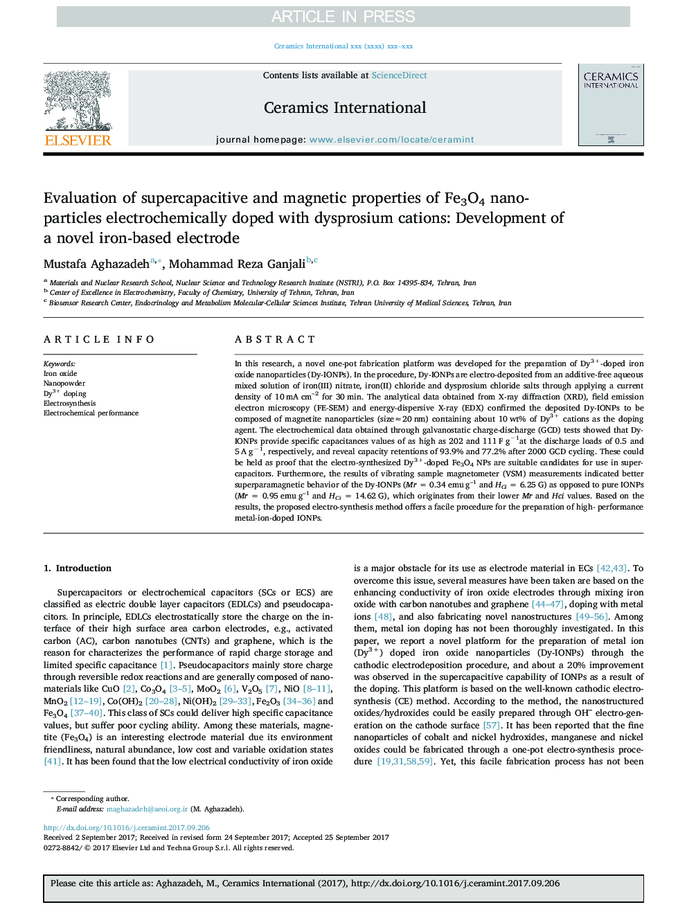 Evaluation of supercapacitive and magnetic properties of Fe3O4 nano-particles electrochemically doped with dysprosium cations: Development of a novel iron-based electrode